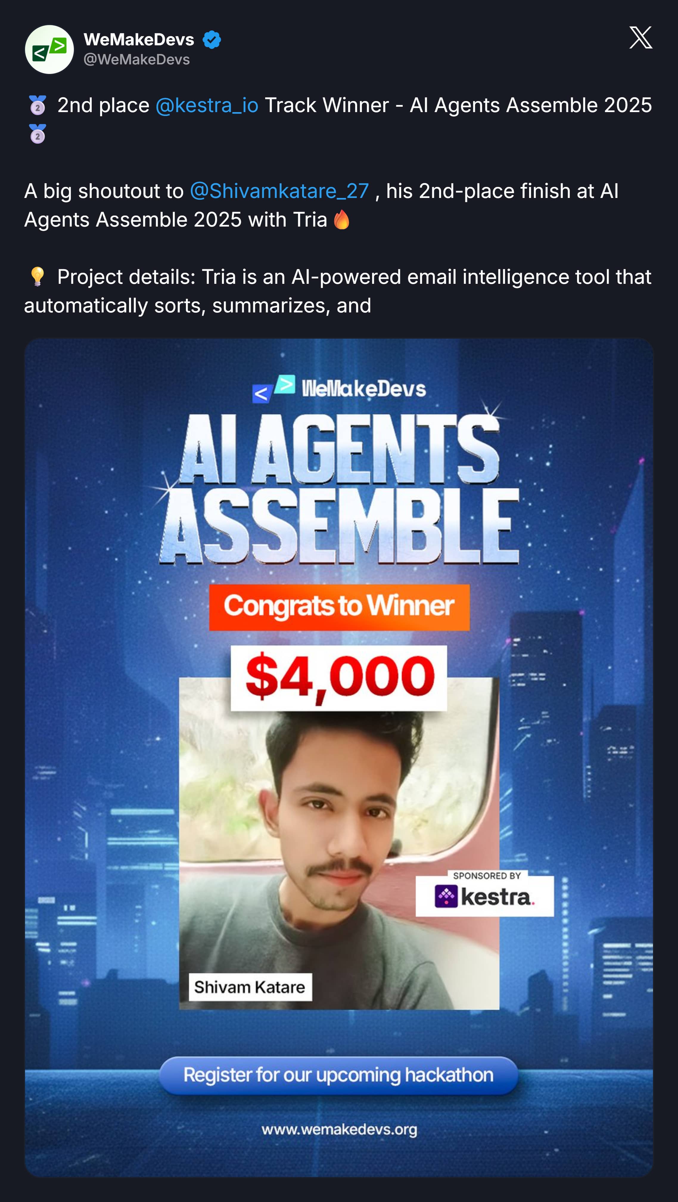 Tria placing at the WeMakeDevs hackathon